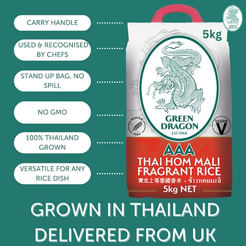 Green Dragon Thai Fragrant Jasmine Rice 5KG | Thai Hom Mali | AAA | Premium Rice | White Rice | Chinese Ingredients | Chinese Asian Cooking | 5KG